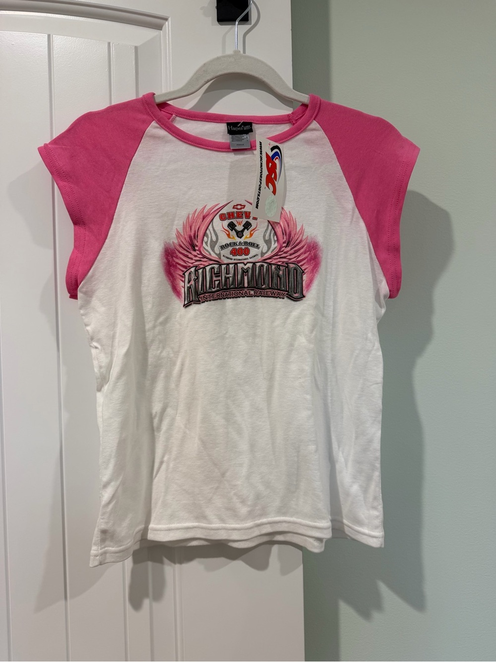 Hanes White Tee with Pink Raglan Sleeves and Richmond Graphic